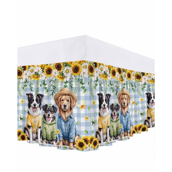Dogs Bed Skirt Queen Size 18 Inch Drop, Spring White Yellow Daisy Sunfower Floral Leaf Blue Plaid Adjustable Elastic Dust Ruffles Bedskirt for Queen Bed Wrap Around Pleated Mattress Frame Cover