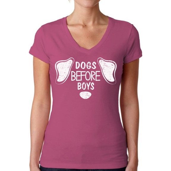 Dogs Before Boys Women V-Neck Shirt Dog Owner Gifts Anti Valentines Day T-Shirt for Women Funny Dogs Lover Tee for Her