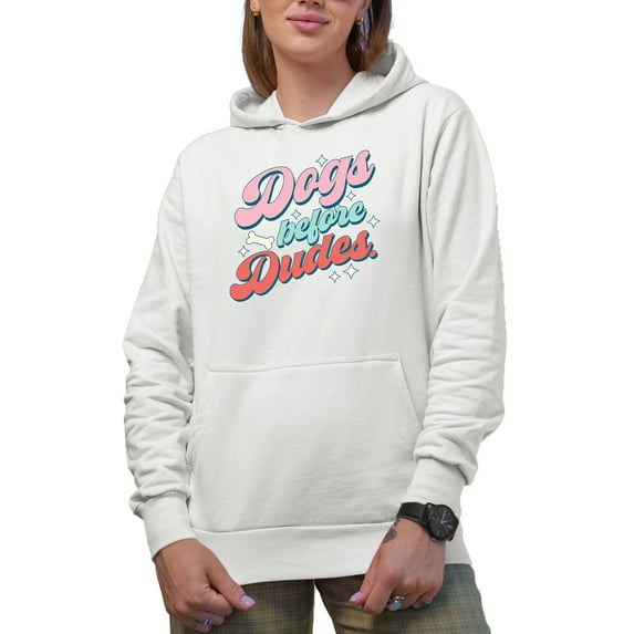 Dogs Before Dudes with Bone Art Merch Gift, White Hooded Sweatshirt or Hoodie, Small