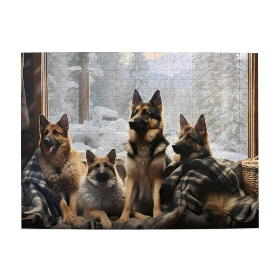 Dogs By Window Snowy Scene 500-Piece Wooden Jigsaw Puzzle for Adults, Fun & Challenging Family Brain-Teaser, Perfect Home Decor & Gift