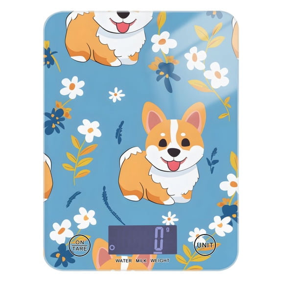 Dogs Cartoon Leaves in Blue Food Scale Digital Kitchen Scale Waterproof Tempered Glass Tare Function 11 lb for Baking Cooking Meal Prep