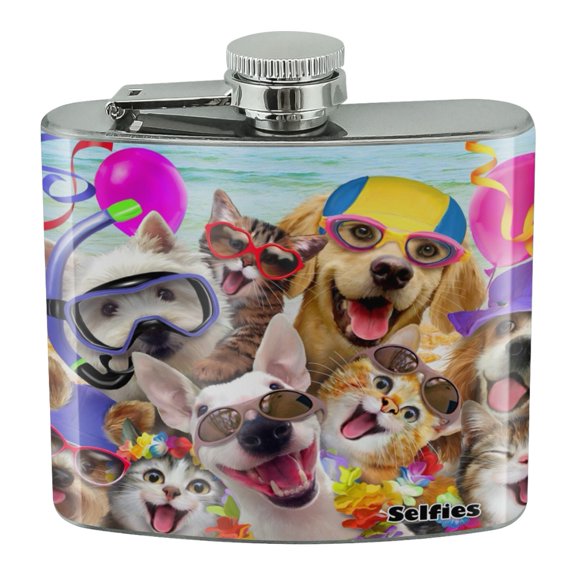Dogs Cats Beach Party Selfie Stainless Steel 5oz Hip Drink Kidney Flask