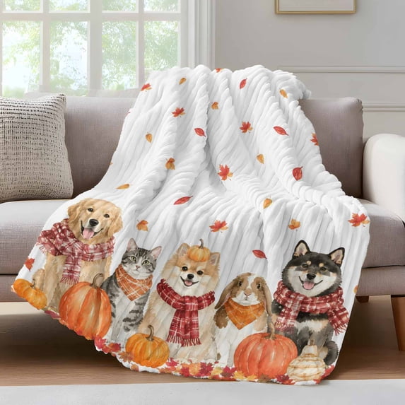 Dogs and Cats Fall Fleece Throw Blanket for Couch, Maple Leaves Autumn Thanksgiving Microfiber Flannel Blanket for All Season, Lightweight Soft Throw Blankets for Bedroom, Living Room, 60"x80"