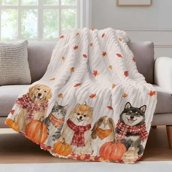 Dogs and Cats Fall Fleece Throw Blanket for Couch, Maple Leaves Thanksgiving Farmhouse Microfiber Flannel Blanket for All Season, Lightweight Soft Throw Blankets for Women, Girls, Adults, 50"x80"