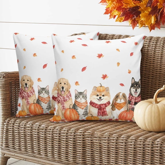 Dogs and Cats Fall Throw Pillow Covers 16x16 Inch Set of 2, Maple Leaves Autumn Thanksgiving Waterproof Outdoor Pillow Covers, Decorative Cushion Pillowcases for Couch, Sofa, Bed, Garden, Patio