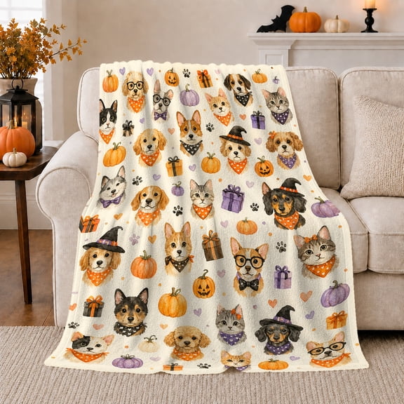 Dogs and Cats with Pumpkins and Present Boxes, Festive Holiday Style for Pet Lovers, Cute Halloween Parade and Halloween Gift, Cozy Flannel Blanket for Playroom and Family Room, Home Decor