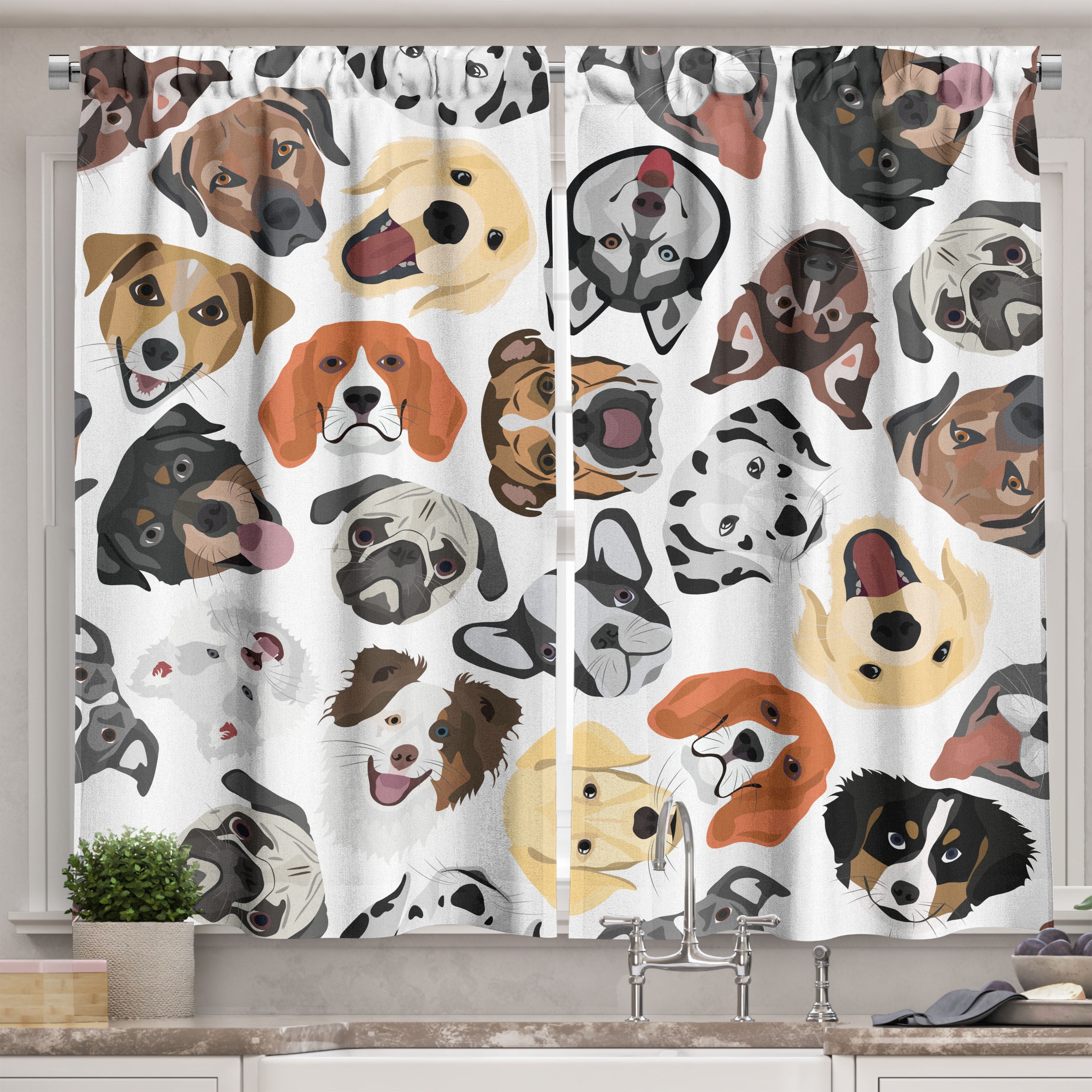 Dogs Curtains 2 Panels Set, Graphic Faces of Various Different Dog