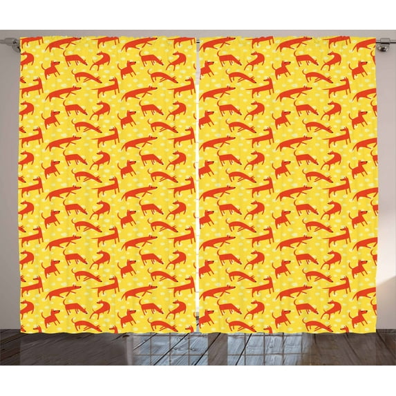 Dogs Curtains 2 Panels Set, Warm Colored Silhouettes of Animals on Yellow Shade with Smudged Color Spots, Window Drapes for Living Room Bedroom, 108W X 96L Inches, Yellow Vermilion, by Ambesonne