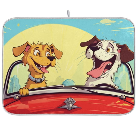 Dogs Drive Car Sun Dish Drying Mat Dish Drainer Rack Mats Water Absorbent Non-Slip Easy Clean Heat Resistant for Kitchen Counter