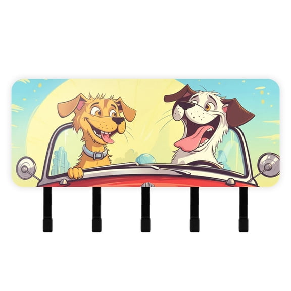 Dogs Drive Car Sun Mail Holder Organizer Wall Mount with Shelf Key Holder Key Rack with 5 Key Hooks for Wall Decorative