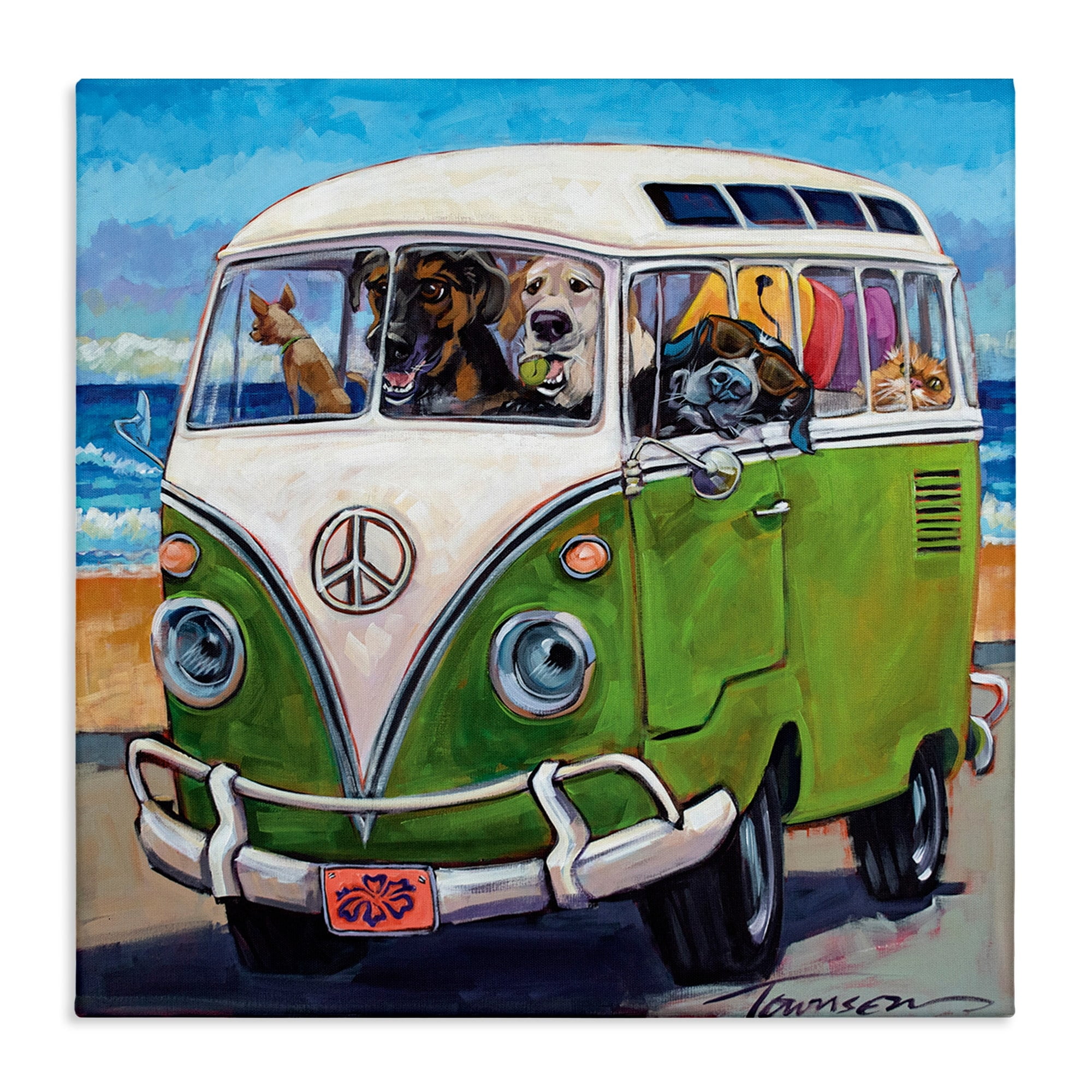Dogs Driving Retro Van Summer Beach Trip Animals & Insects Gallery-Wrapped Canvas Print Wall Art, 17x17
