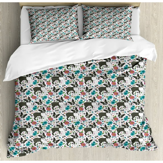 Dogs Duvet Cover Set King Size, Boston Terriers and Colorful Flowers Blossoming Springtime Theme with Butterflies, Decorative 3 Piece Bedding Set with 2 Pillow Shams, Multicolor, by Ambesonne
