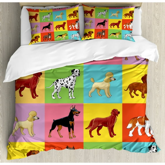 Dogs Duvet Cover Set Queen Size, Colorful Checkered Pattern with Different Breeds of Dogs Animal Pet Lover Themed Print, Decorative 3 Piece Bedding Set with 2 Pillow Shams, Multicolor, by Ambesonne