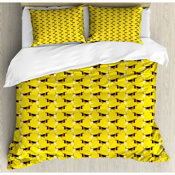 Dogs Duvet Cover Set Queen Size, Yellow Background with Fun Pet Characters in Simple Doodle Style, Decorative 3 Piece Bedding Set with 2 Pillow Shams, Yellow Pale Brown and Black, by Ambesonne