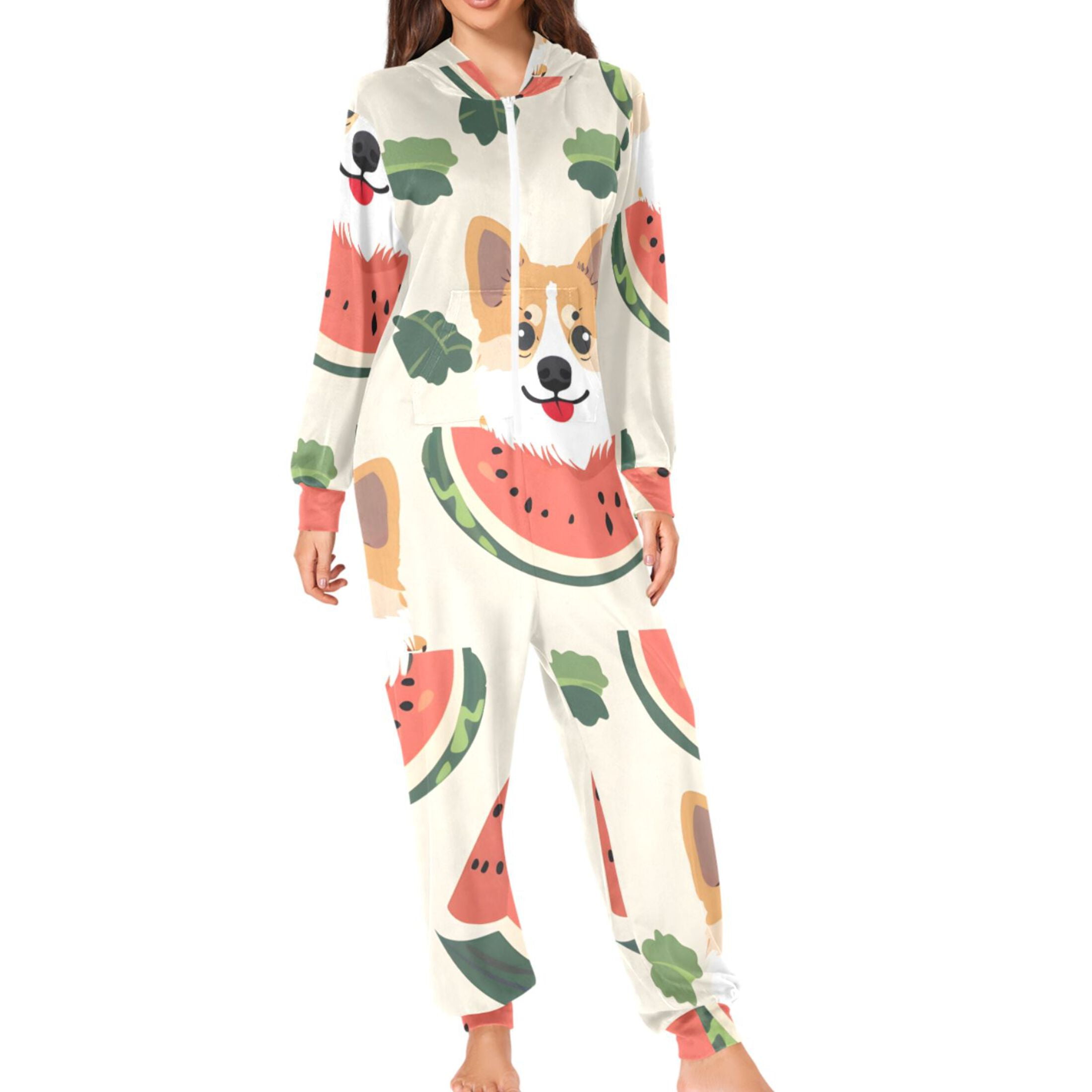 Dogs Eating Melons Leaves Adult's Hoodie Onesie Jumpsuit One-Piece Pajamas with Zipper Unisex for Holiday M