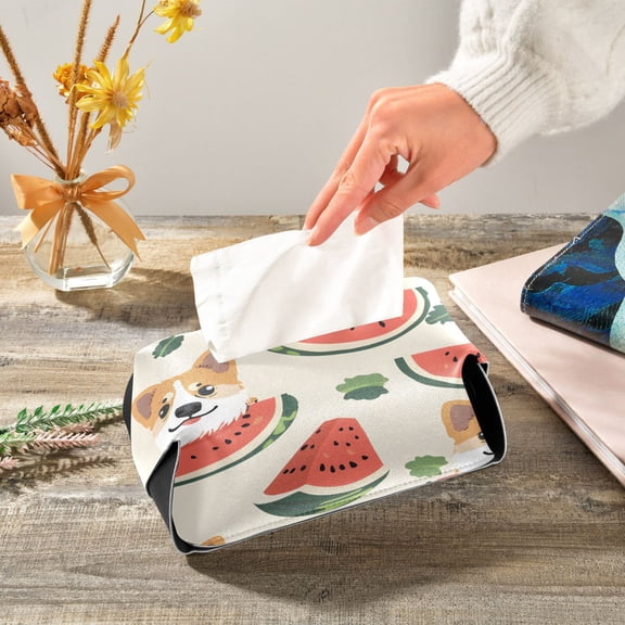 Dogs Eating Melons Leaves Leather Tissue Box Cover Rectangle Tissue Holder Foldable