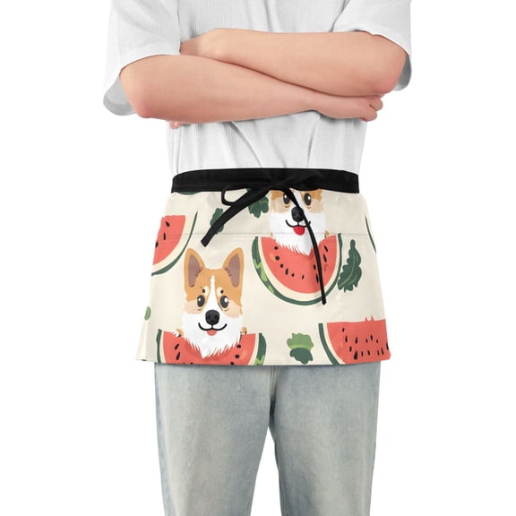 Dogs Eating Melons Leaves Short Server Apron with 3 Pockets for Unisex Chef Gardening
