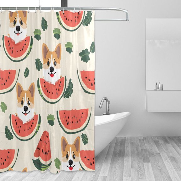 Dogs Eating Melons Leaves Shower Curtains with 12 Hooks Waterproof Bathroom Decor 66" x 72"