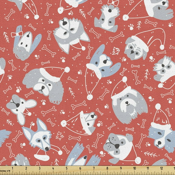 Ambesonne Dogs Fabric by the Yard Upholstery, Dogs in Santa Claus Hats Xmas, 5 Yards, Dark Coral Pale Grey