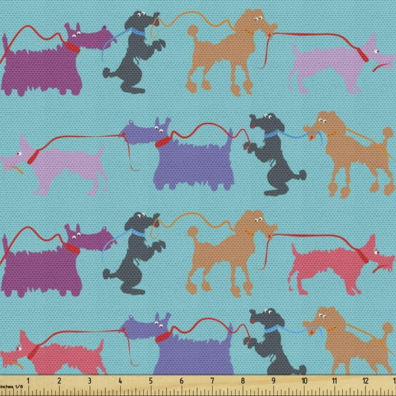 Ambesonne Dogs Fabric by the Yard Upholstery, Funny Dogs with Their Leashes, 10 Yards, Multicolor