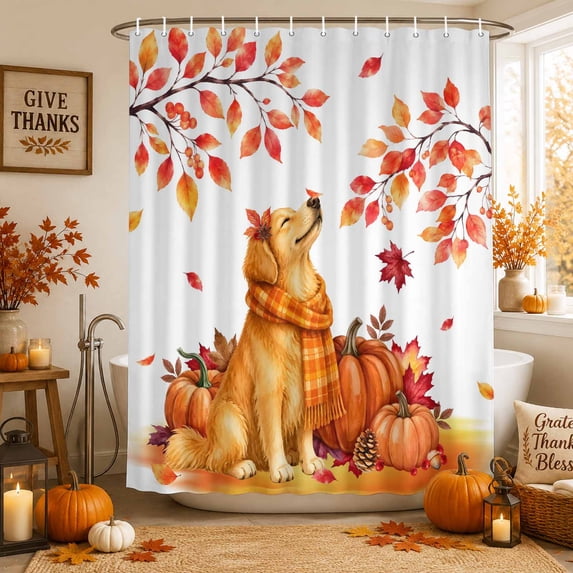 Dogs Fall Shower Curtains for Bathroom, Maple Leaves Pumpkins Thanksgiving Autumn Waterproof Fabric Shower Curtain, Decorative Bathroom Curtain for Bathtub, 36"x72", No Hooks Included