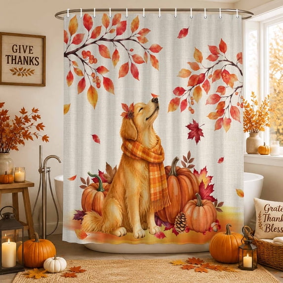 Dogs Fall Shower Curtains for Bathroom, Maple Leaves Pumpkins Thanksgiving Rustic Waterproof Fabric Shower Curtain, Decorative Bathroom Curtain for Bathtub, 36"x72", No Hooks Included