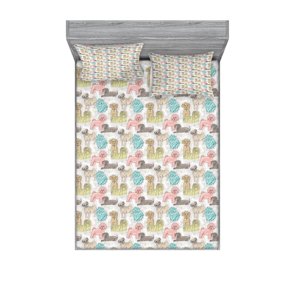 Dogs Fitted Sheet & Pillow Sham Set, Pattern with Little Purebred Puppy Dogs Bichon Pug Spitz Dachshund Poodle Shih Tzu, Decorative Printed 3 Piece Bedding Decor Set, Full, Multicolor, by Ambesonne
