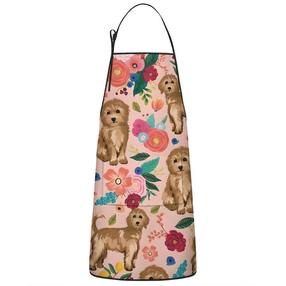 Dogs with Flowers Apron-Garden Aprons for Women with Pockets-Cotton Linen Waterproof Kitchen Cooking Gardening Aprons Adjustable for Kitchen,Cooking,BBQ and Salon 33x27 Inch