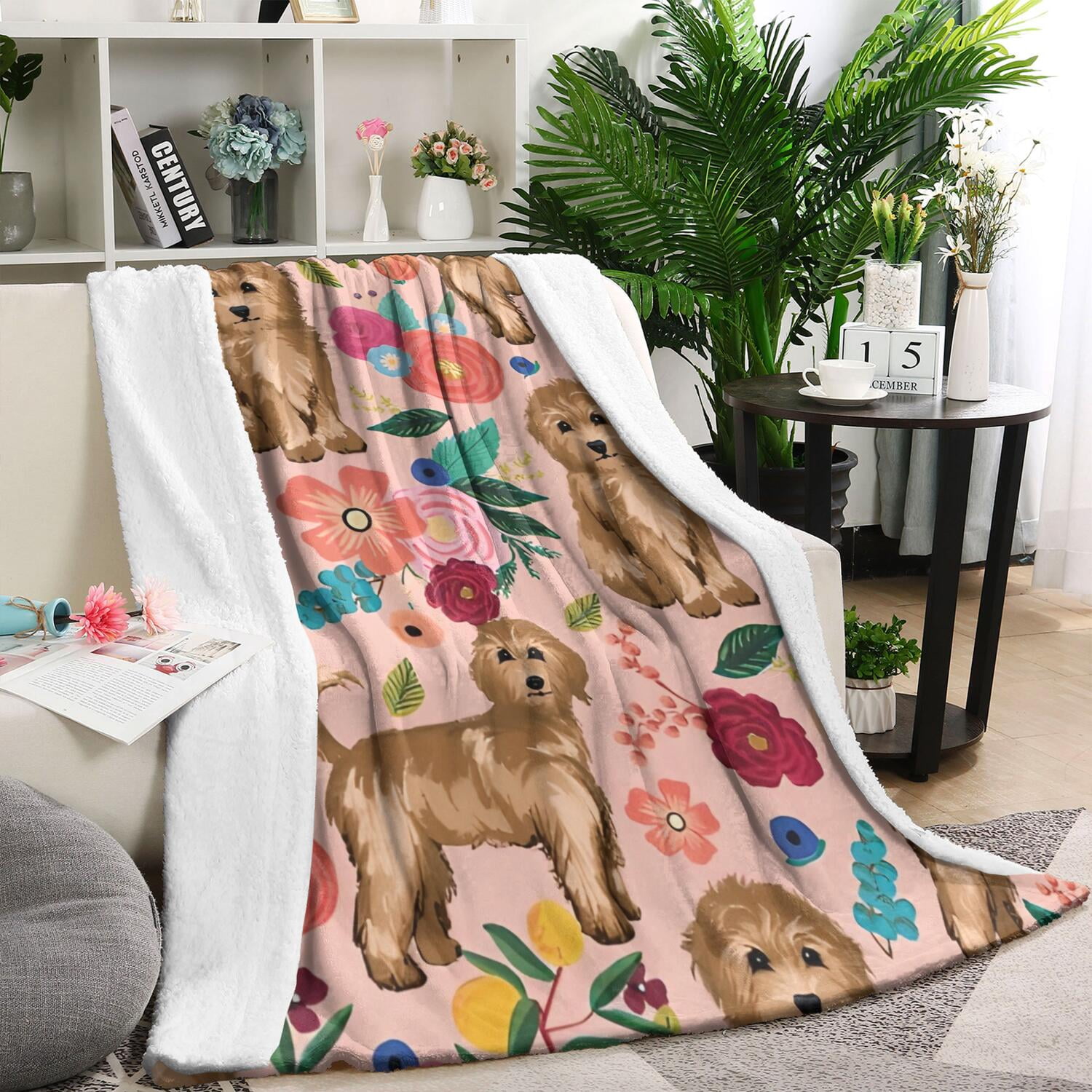 Dogs with Flowers Blanket,Comfortable Soft Flannel Throw Blanket,All Season,Warm Lightweight Blankets for Sofa Bed Couch Living Room Chair,60"x80"(150x200cm)