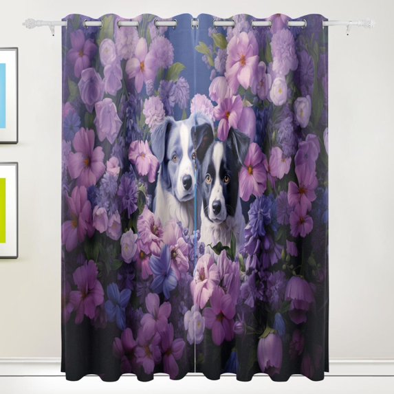 Dogs Flowers Floral Purple Black Out Curtains 72 Inch Length Curtains for Sliding Glass Doors Bedroom Living Room 2 Pack