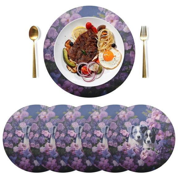 Dogs Flowers Floral Purple Black Round Placemats Plate Mats 15 Inch Non-Slip Heat Resistant Washable PVC Set Indoor for Kitchen Dining Table 1PC