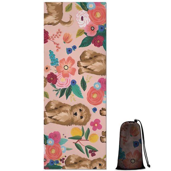 Dogs with Flowers Hot Yoga Mat Towel Non Slip for Hot Yoga - Quick-Drying Yoga Mat Cover with 4 Corner Pockets with Travel Bag - Hot Yoga Towel Non Slip 74"x26"
