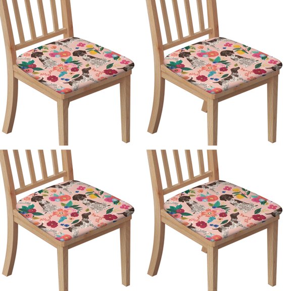 Dogs with Flowers Seat Covers for Dining Room Chairs Set Of 4,Stretch Printed Washable Chair Seat Cover with Elastic Ties and Button,Removable Waterproof Couch Cushion Covers