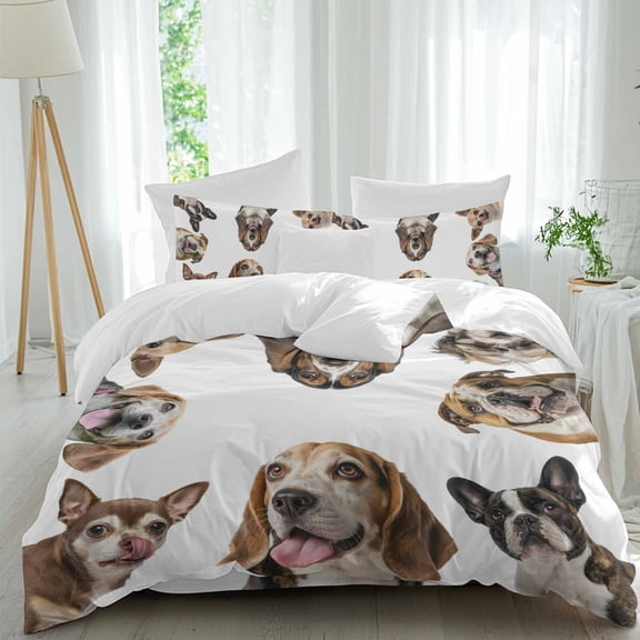 Dogs Full Size Comforter Set, Modern Cute Multiple Dogs Animals Chihuahua Bulldog Bedding for All Seasons, 4 Pcs Bed Set, 1Quiltcover (86"x86") ,1Sheet(80"x116"), 2Pillowcases (30"x20")