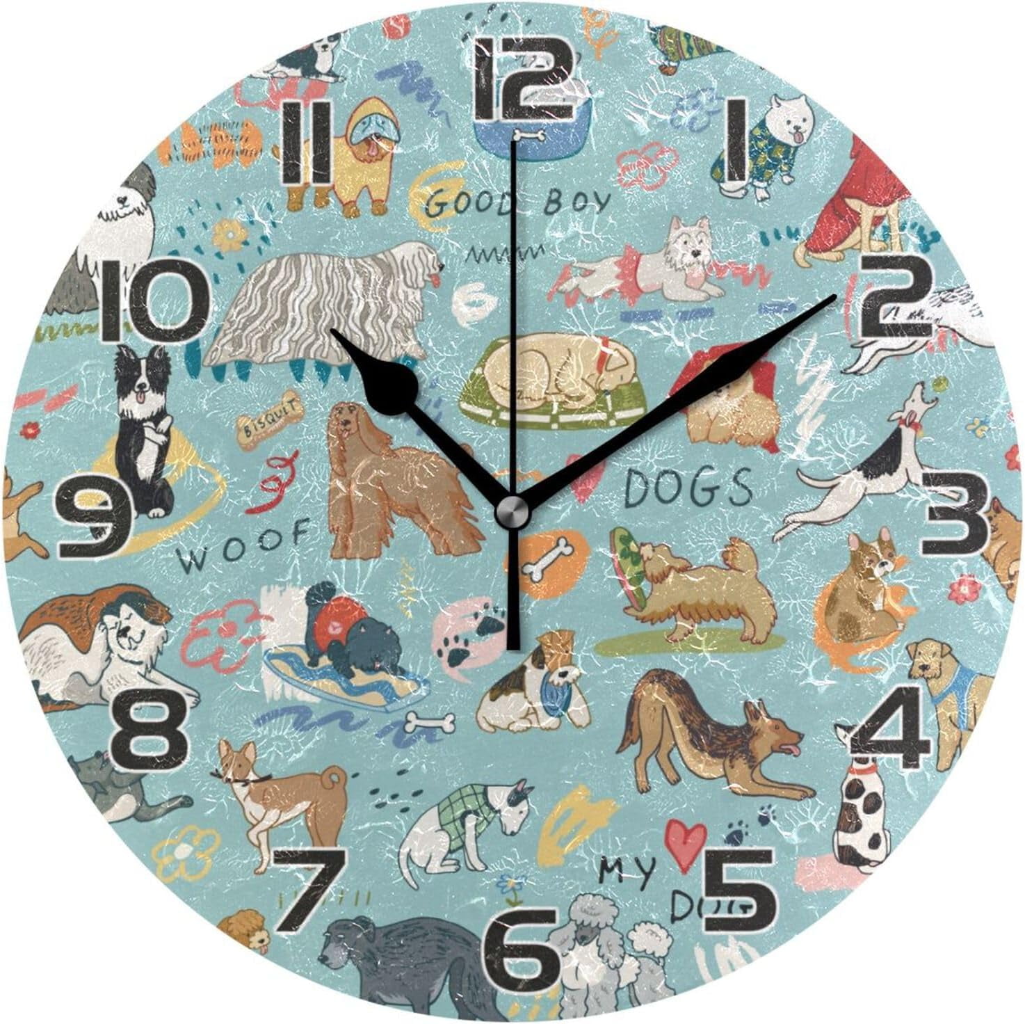 Dogs Funny Pets Wall Clock Round Vintage Silent Non Ticking Battery ...