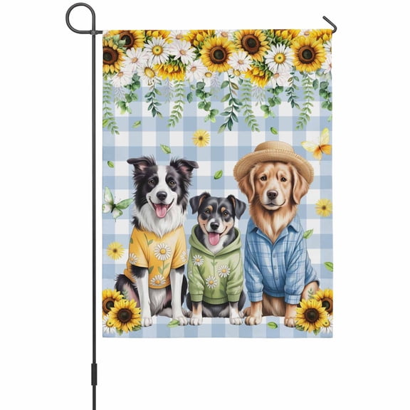 Dogs Garden Flag 12 x 18 Inches, Watercolor Spring White Yellow Daisy Sunfower Floral Leaf Blue Plaid Weather Proof Outdoor Patio Flags Double Sided Small Garden Decoration for Yard Outside Home