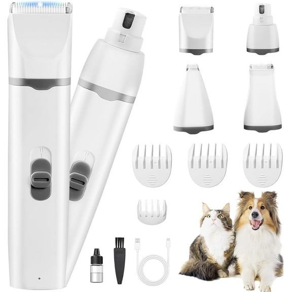 Dogs Hair Clippers Grooming Kit with Nail Grinder, 4-in-1 Electric pet Clippers for Dogs, Low Noise USB Rechargeable Cordless for Dogs Cat, Grooming Paws, Eyes, Ears, Face, Matted Hair, White