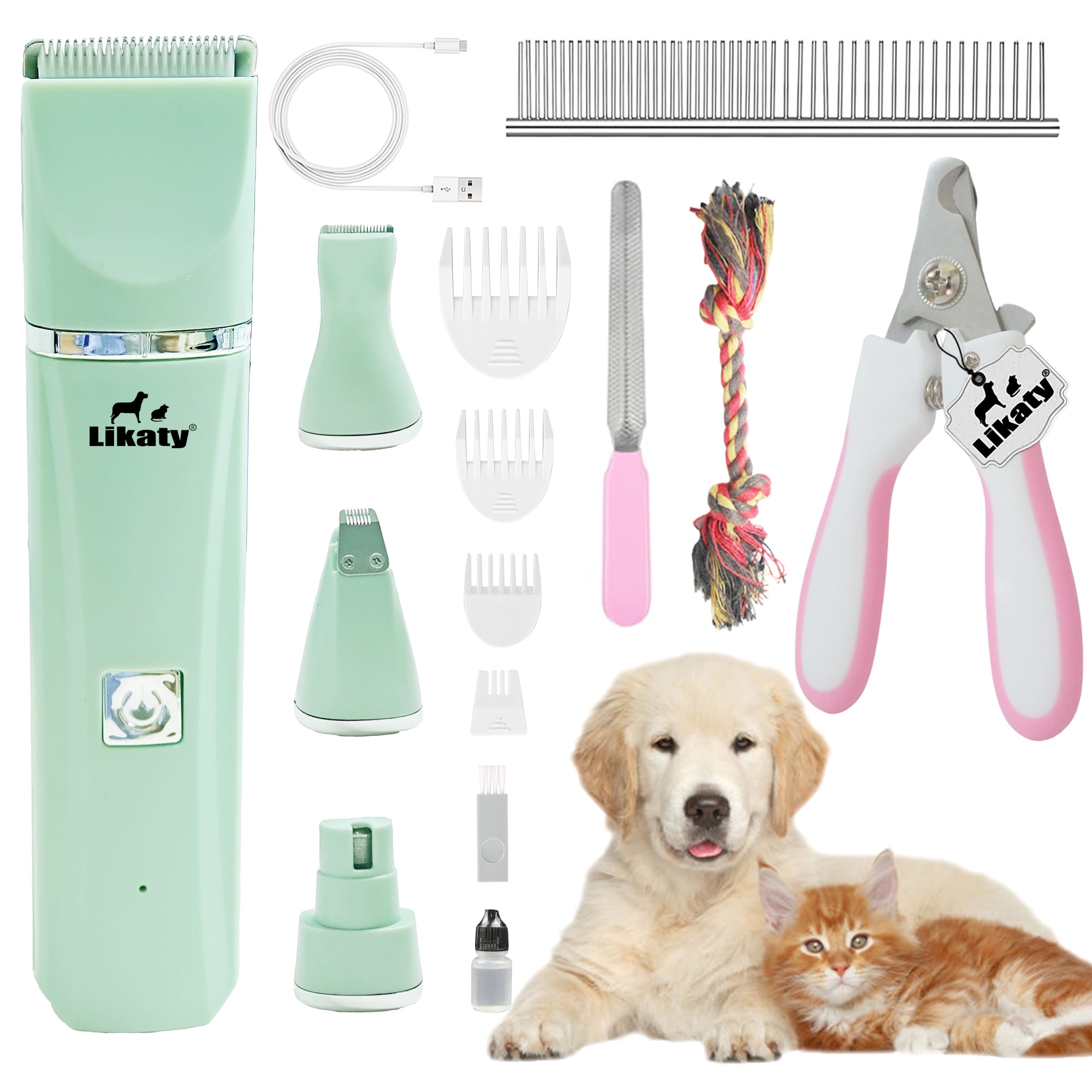 Dogs Hair Clippers Grooming Kit with Nail Grinder, Likaty 4 in 1 Cordless Electric Trimmer Low Noise USB Rechargeable Pet Clippers for Small and Large Dogs Cats Animals