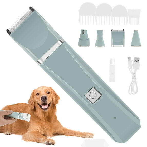 Dogs Hair Clippers Grooming Kit with Nail Grinder Low Noise Dog Grooming Clipper Kit Cordless Electric Pet Clippers 4-in-1Dog Hair Trimmer with 4 Interchangeable Blade Head