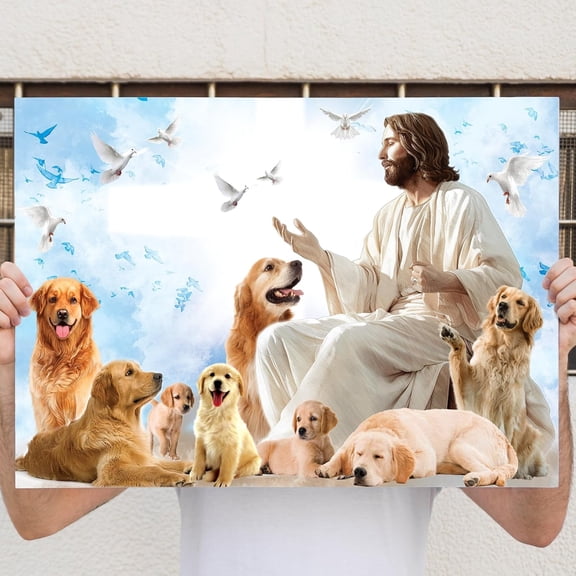Dogs Jesus Surrounded By Golden Retriever Canvas 1.5in 18" x 12"
