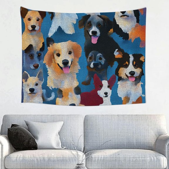 Dogs Jigsaw Puzzle Generative Art Tapestry, 100% Polyester Wall Hanging for Bedroom and Living Room Decor 40x30in