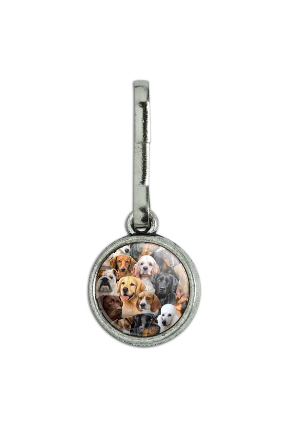 Dogs Lab Retriever Dachshund Poodle Pattern Antiqued Charm Clothes Purse Suitcase Backpack Zipper Pull Aid