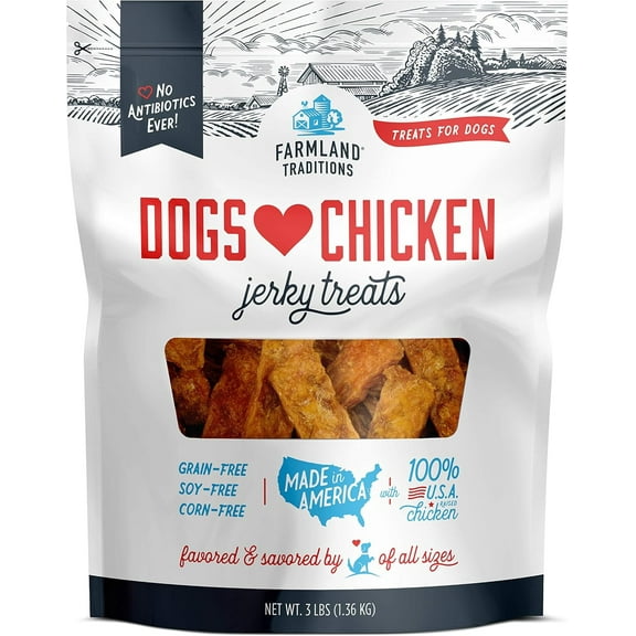 Farmland Traditions Dogs Love Chicken Jerky Dog Treats, Premium Two-Ingredient Dog Jerky with USA-Raised Chicken & No Antibiotics Ever, 3-Pound Bag