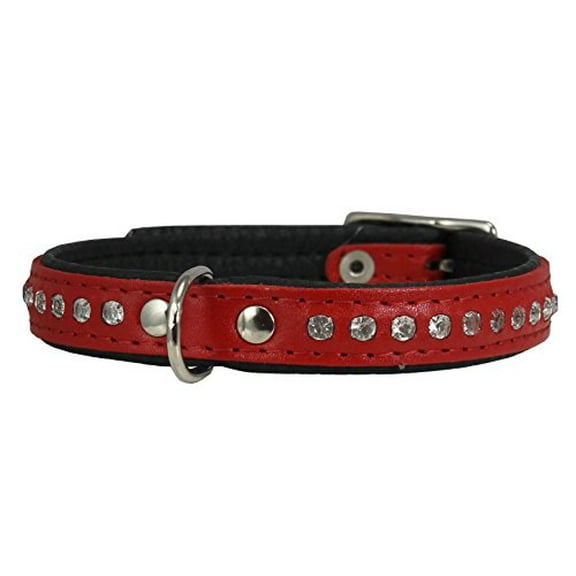 Dogs My Love Rhinestone Genuine Leather Dog Collar (Red, 6.5"-8" Neck)