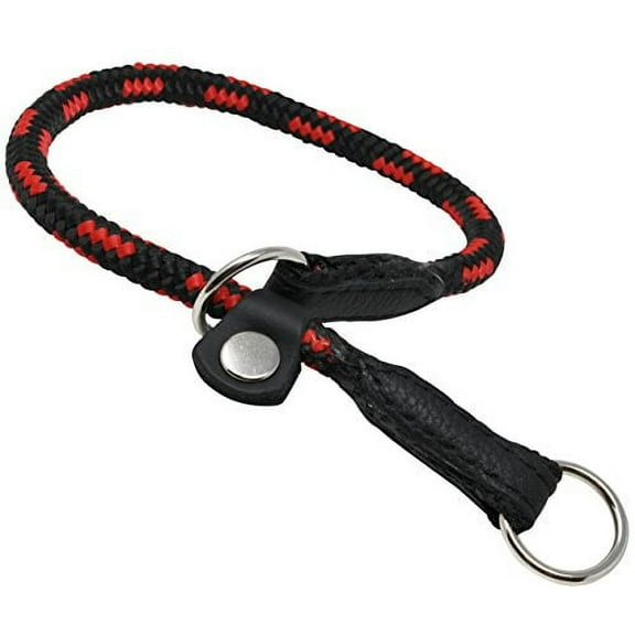 Dogs My Love Round Braided Rope Nylon Choke Dog Collar with Sliding Stopper (16" Long; 0.3" Diam (8mm), Red/Black)