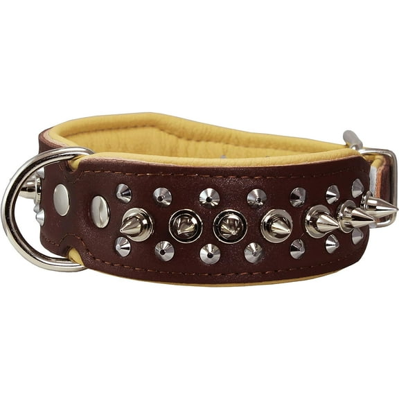 Dogs My love Spiked Studded Genuine Leather Dog Collar 1.75" Wide (12"-14.5" Neck; 1.75" Wide, Brown/Beige)