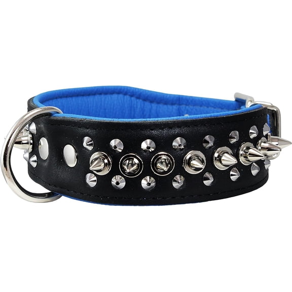 Dogs My love Spiked Studded Genuine Leather Dog Collar 1.75" Wide (14"-17" Neck; 1.75" Wide, Black/Blue)
