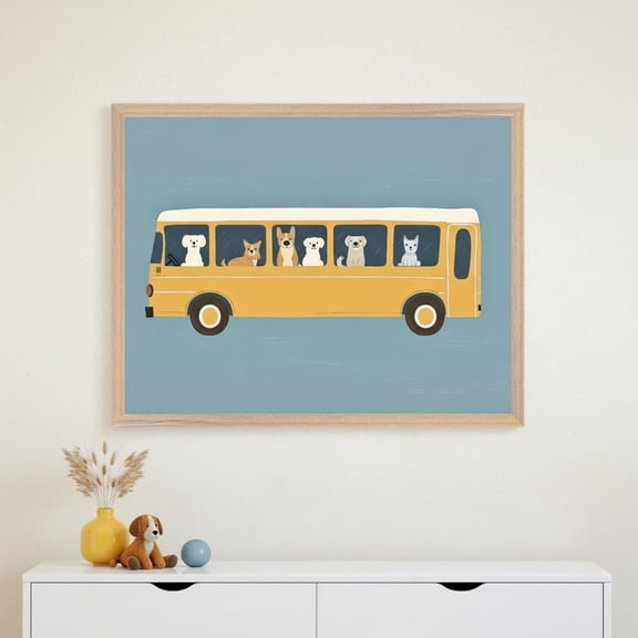 Dogs On Yellow Bus Nursery Wall Art Puppy School Bus Print Cute Animal Vehicle Unframed Paper Print