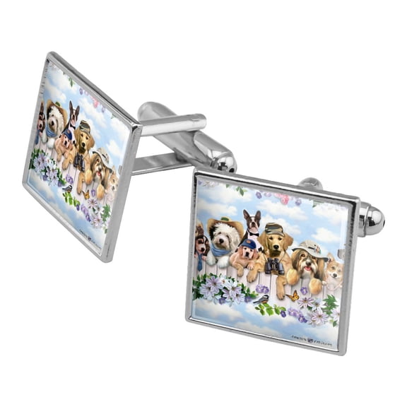 Dogs Outdoors on Fence Pattern Square Cufflink Set - Silver or Gold