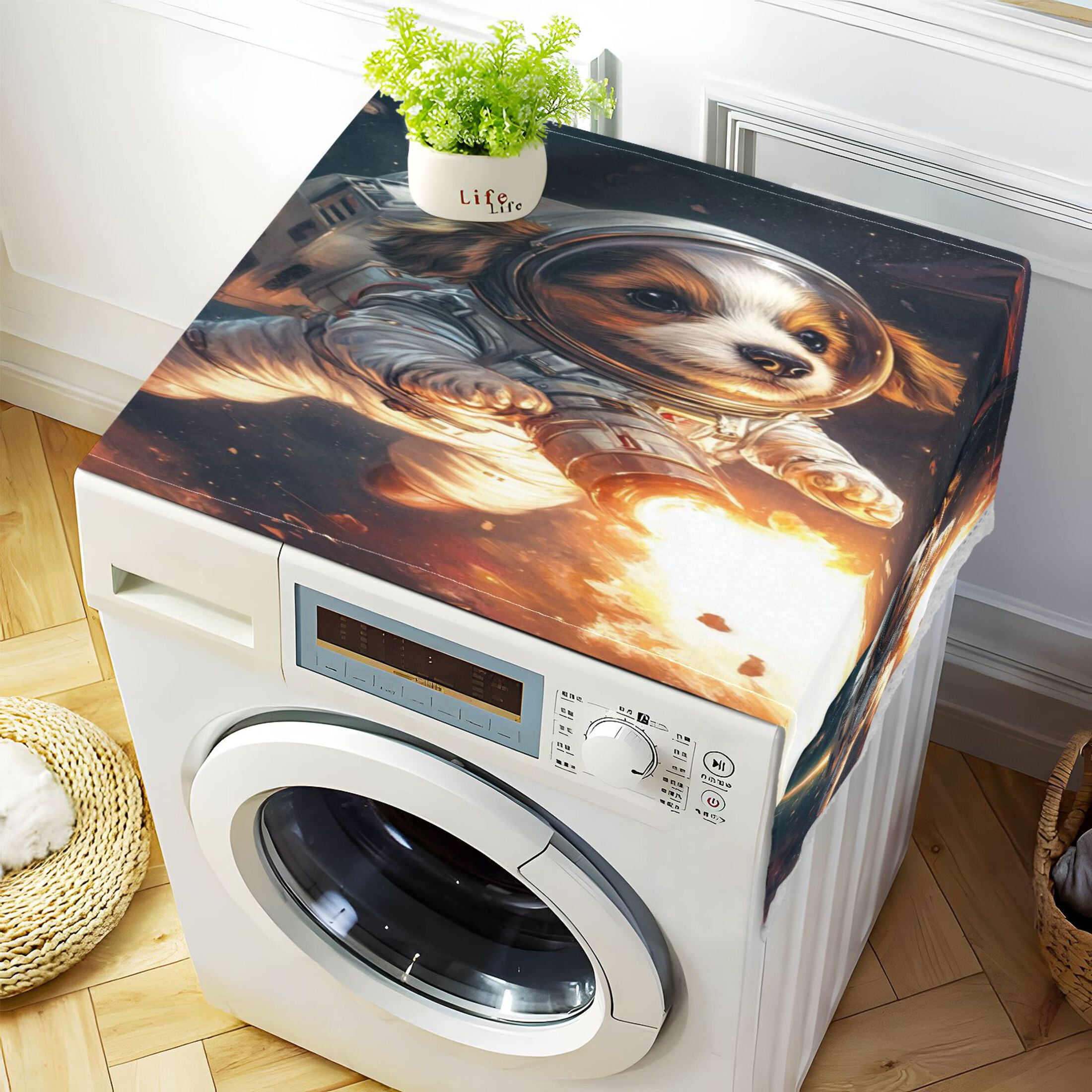 Dogs From Outer SpaceWasher and Dryer Covers Dust-Proof and Oil Resistant Fridge Cover with 4 Storage Pockets Washing Machine Top Cover for Laundry Kitchen Home 51.2 x 22 In